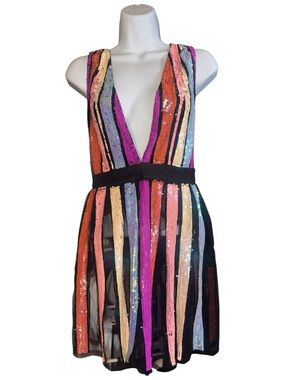 NBD REVOLVE Yaya Sequin Mini Dress - Rainbow Stripe "Pastel Clouds" - See Measur